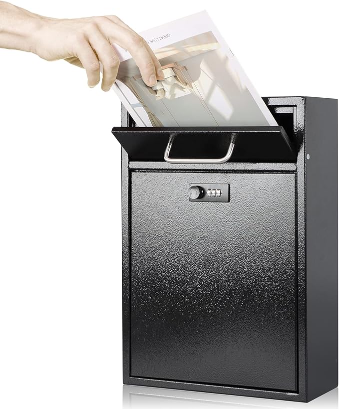 KYODOLED Steel Combination Lock Mail Boxes Outdoor,Locking Wall Mount Mailbox,Security Lock Drop Box,Collection Boxes,16.2H x 11.22L x 4.72W Inches,Black X Large