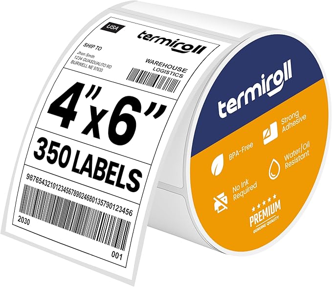 4x6 Thermal Labels – 350 Labels/Roll – Direct Thermal, Non-Perforated – Compatible with Rollo, Zebra, iDPRT, MUNBYN – Strong Adhesive, BPA-Free – Commercial Grade by TERMIROLL