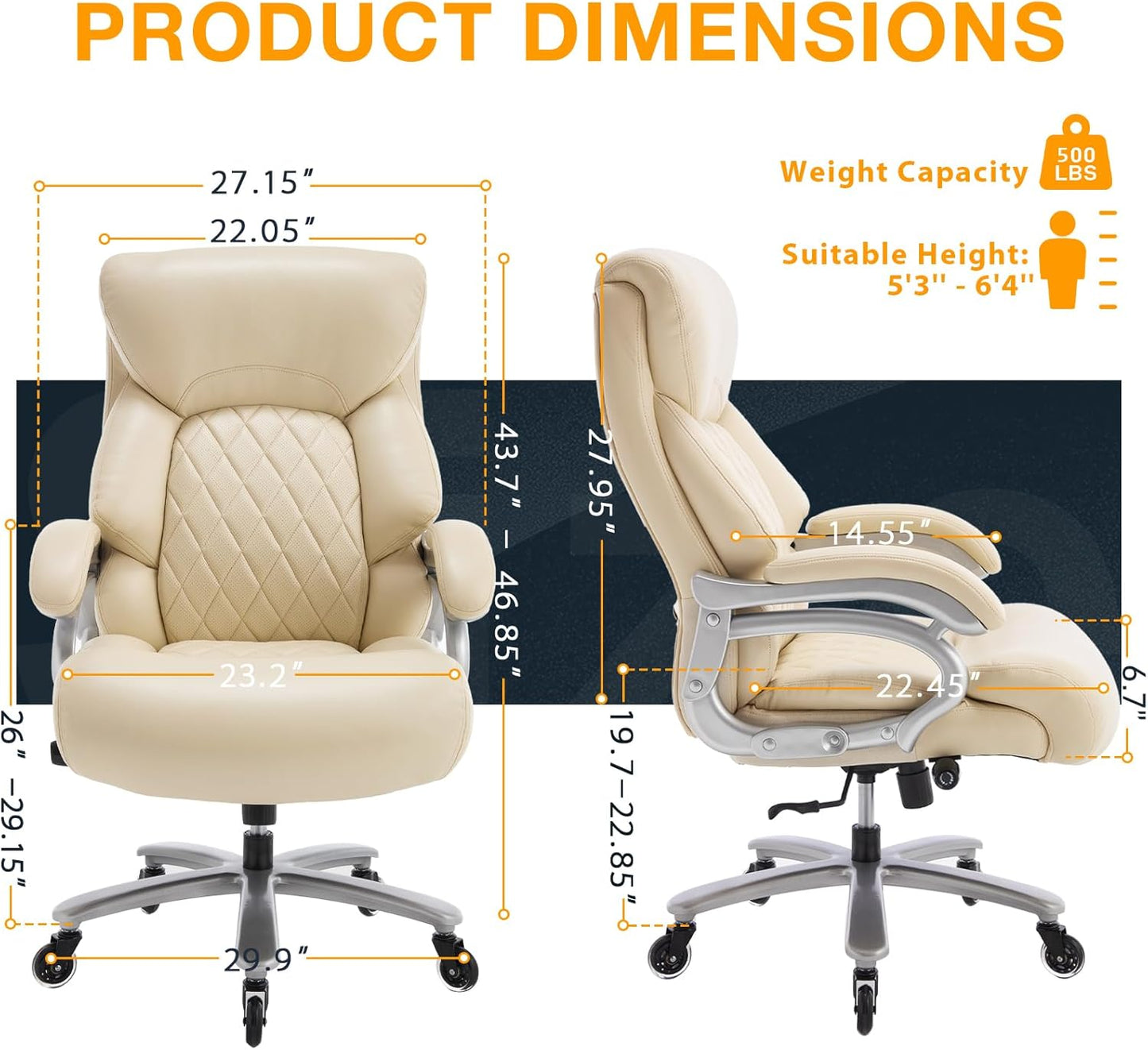 Big and Tall Office Chair for Heavy People, 500LBS High Back Extra Wide Heavy Duty Executive Office Chair Comfortable for Home, Large Computer Desk Chairs with Adjustable Lumbar Support Beige