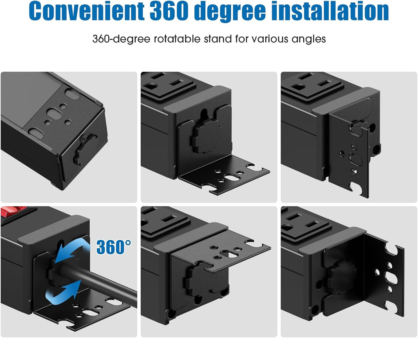 2Pack Rotating Mountable Power Strip, 12 Outlet Wall Mount Surge Protector, Metal Heavy Duty and Versatile Outlet Strip, Stylish Appearance, Sturdy and Durable, 3ft Power Cord.(Black)