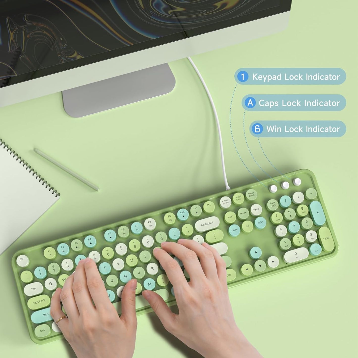 Computer Keyboard Wired, Typewriter Style, Plug Play USB Keyboard with Large Number Pad, Caps Indicators, Foldable Stands, Full Size Wired Keyboard for Windows PC Laptop (Green Colorful)