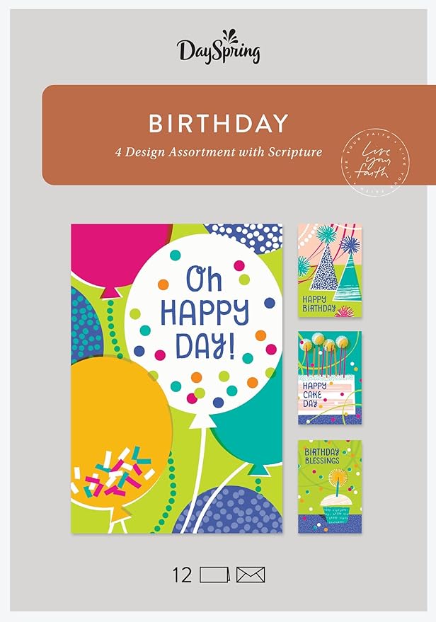 DaySpring - Birthday - Oh Happy Day - 4 Birthday Art Design Assortment with Scripture - 12 Birthday Boxed Cards and Envelopes