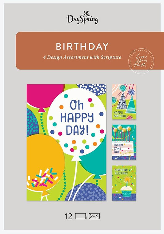 DaySpring - Birthday - Oh Happy Day - 4 Birthday Art Design Assortment with Scripture - 12 Birthday Boxed Cards and Envelopes