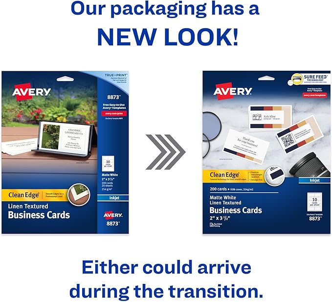 Avery Clean Edge Printable Business Cards with Sure Feed Technology, 2" x 3.5", White Linen Textured, 200 Blank Cards for Inkjet Printers (08873)