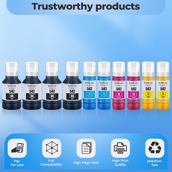 542 Ink Refill Bottles ET-5850 ET-5150 ET-5170 ET-5180 Replacement for 542 Ink Bottle for Ecotank Pro ET-16650 ET-5880 ET-5800 ET-16600 ET5180 ET5170 ET5150 ET5880 ET5800 16650 Printer, 10 Pack