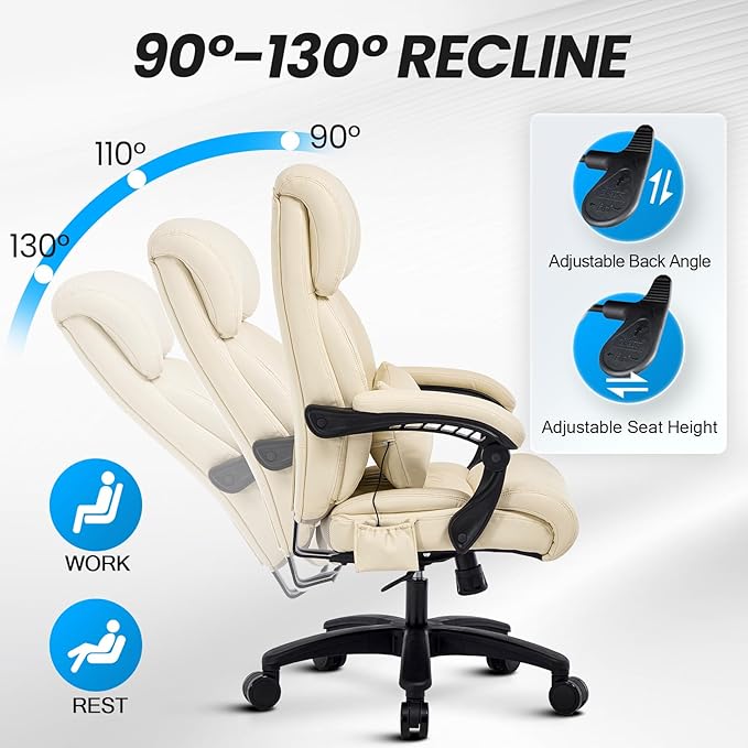 Lumbar Massage Office Chair, 500LBS Big and Tall Office Chair, Heavy Duty Ergonomic Executive Reclining Chair with High Back and Lumbar Support, Beige