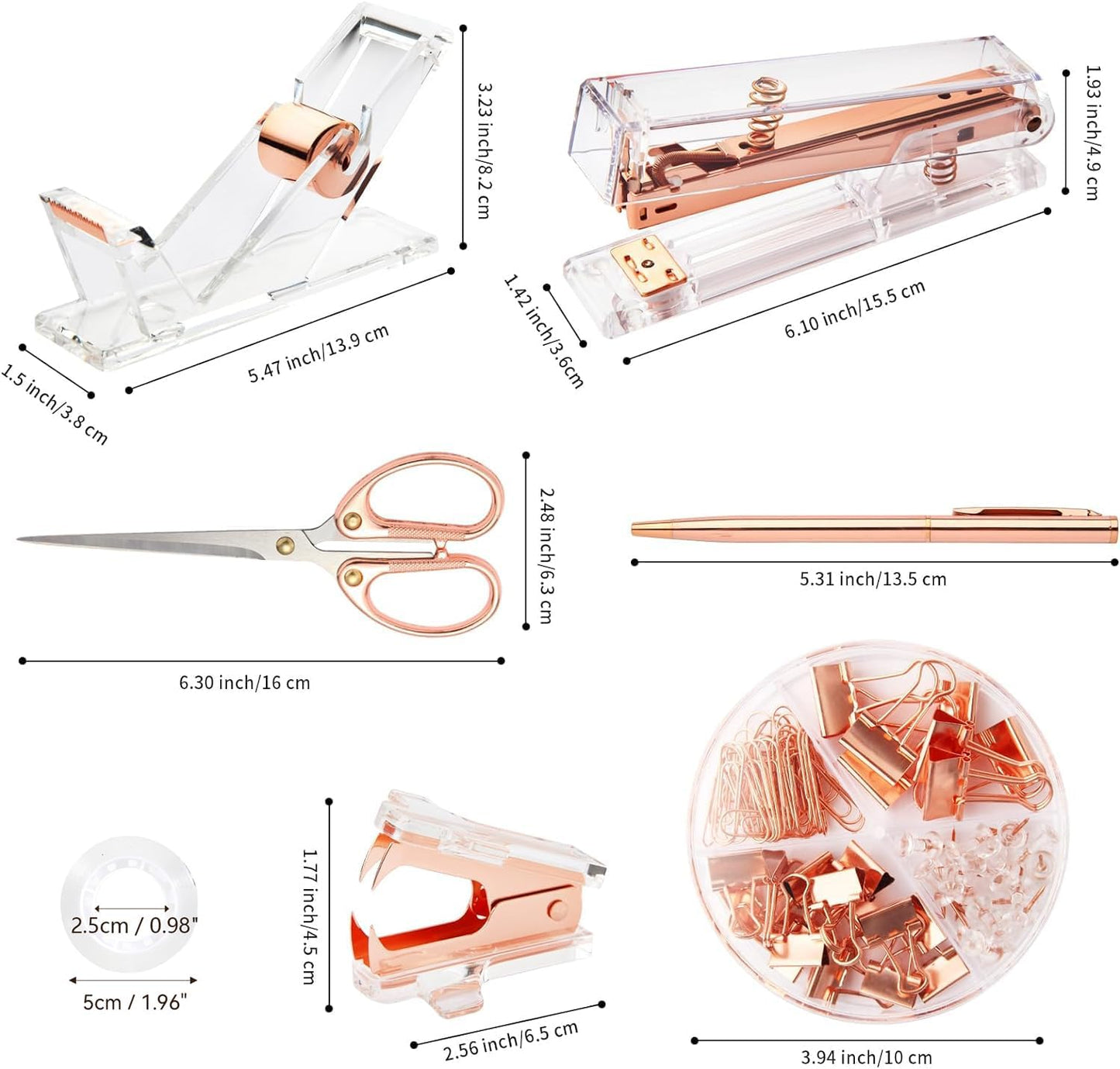 Rose Gold Desk Accessories, Office Supplies Set with Acrylic Stapler, Tape Dispenser, Staple Remover, Pen Holder, Scissor, Binder Paper Clips, 1 Ballpoint Pen, 1 Clear Tape and 1000pcs Staples