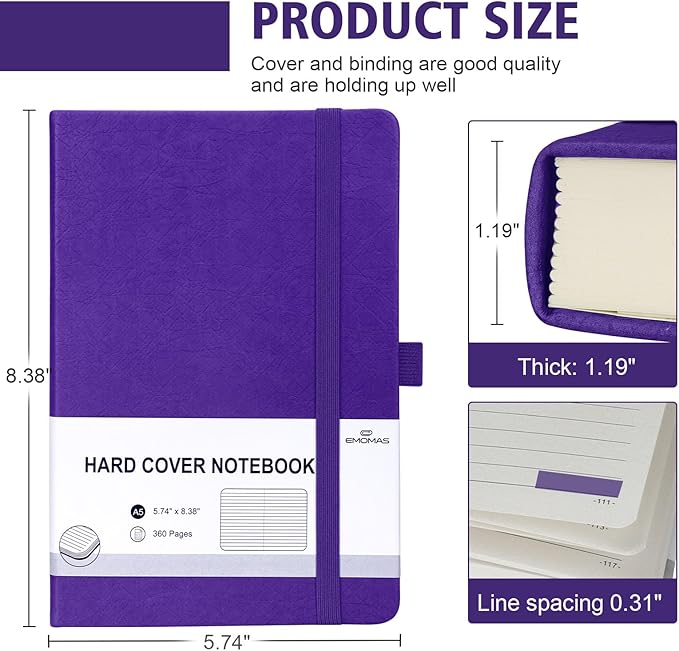 Lined Journal Notebook, 360 Numbered Pages(With page number), Thick Journal for Writing A5 College Ruled Notebook, 100gsm Lined Paper, Leather Hardcover, 5.75'' X 8.38''-1 Pack, Purple