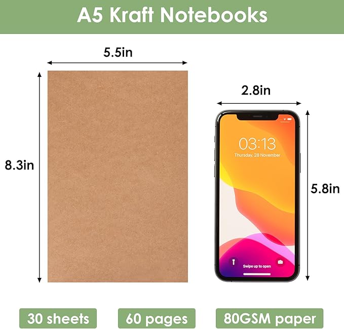 LABUK 100 Pack Lined Kraft Notebooks, A5 Journals Bulk, 8.3x5.5 Notebook Bulk for Traveler Journal, Students Gift School Office Supplies (30 Sheets/60 Pages)