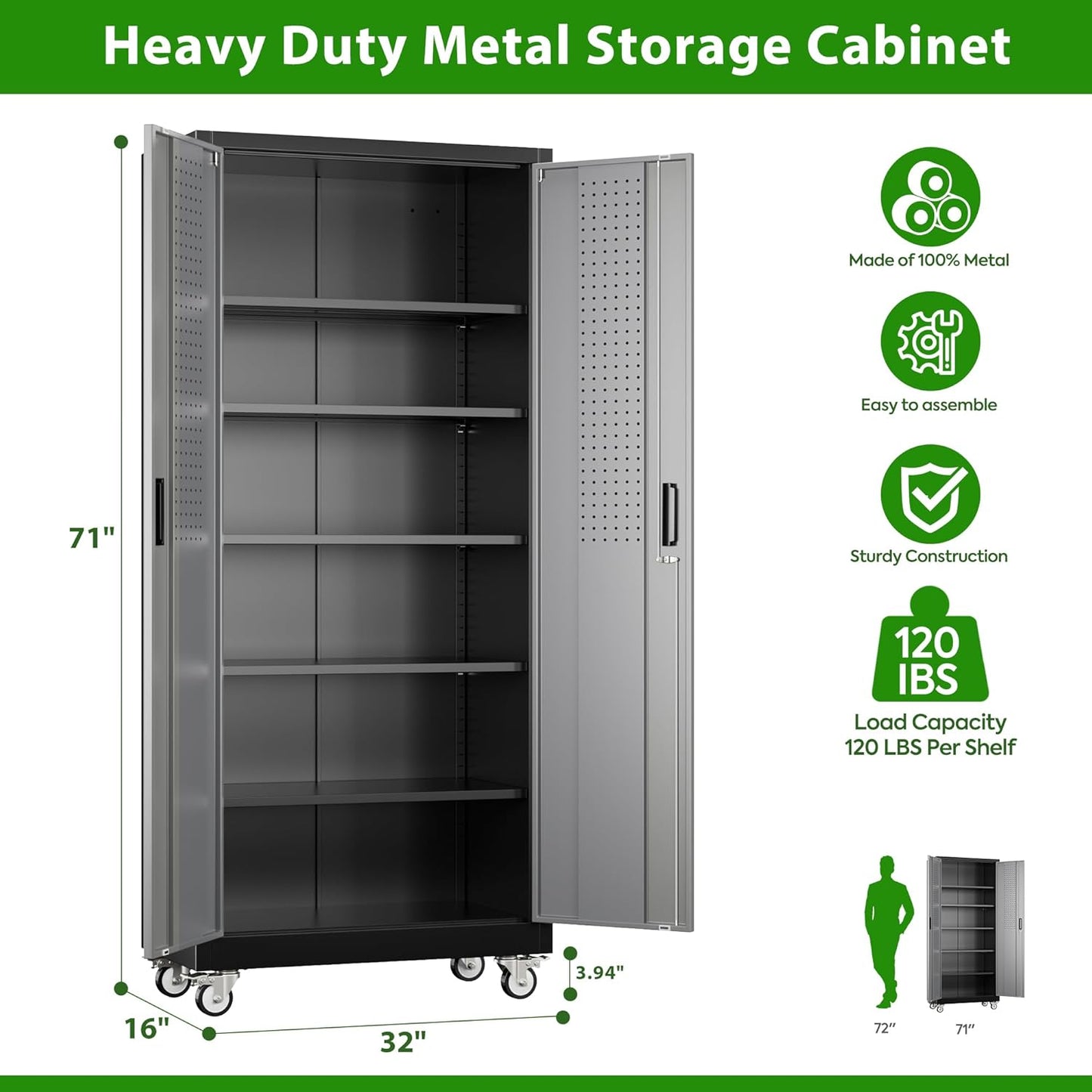 Aobabo Upgraded Garage Storage Cabinets with Wheels,Metal Storage Cabinets with 5 Adjustable Shelves for Garage Home Office Storage, Black&Dark Grey,71''H*32''W*16''D,Assembly Required