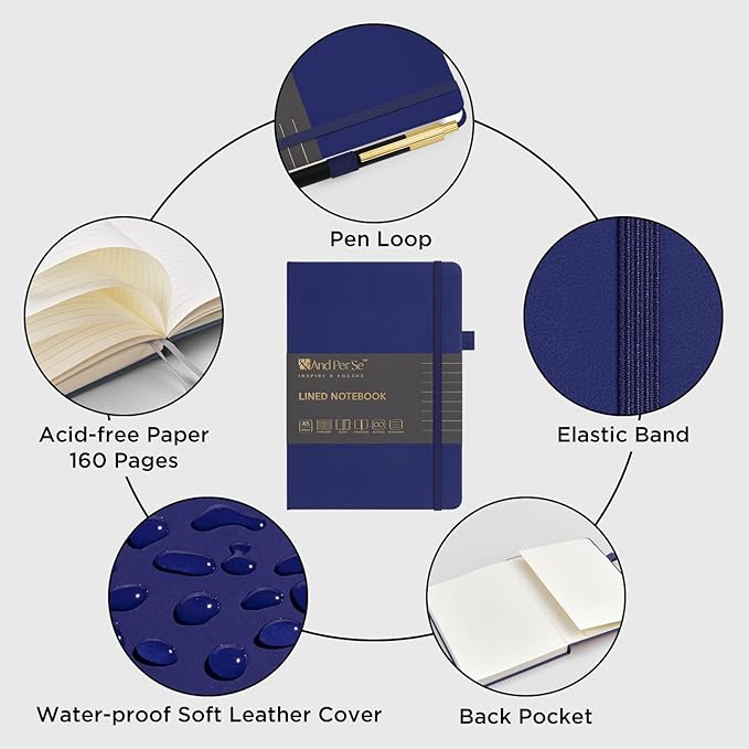 A5 Lined Leather Journal and Pen Set, Hardcover Notebook with Pen, 160 Pages 100gsm Thick Ruled Paper for for Women Men Work Business School or Home Writing, 5.7'' x 8'' (Royal Blue)