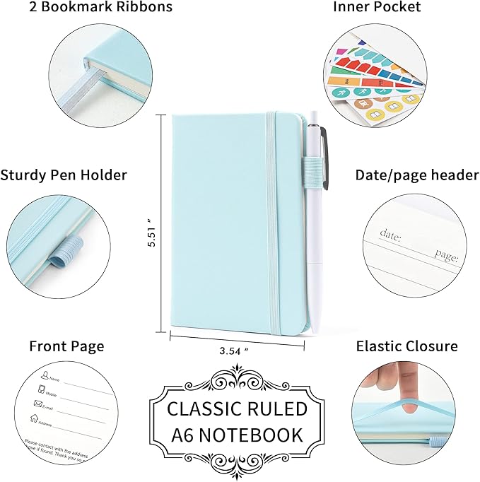 feela 15 Pack Pocket Small Notebooks Bulk, Mini Cute Memo Notepads Hardcover College Ruled Lined Journals with Pen Holder for Women Girls Office School, with 15 Black Pens, 3.5”x 5.5”, A6, Sky Blue