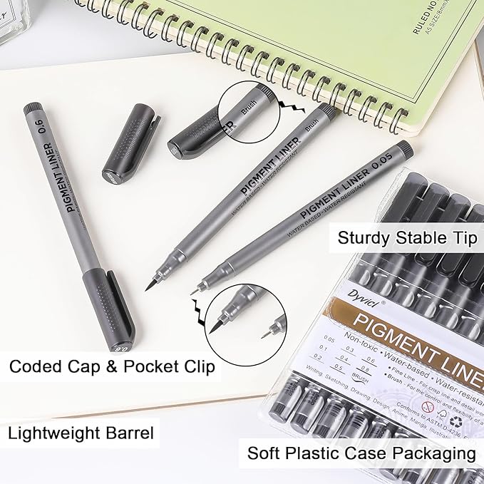 Dyvicl Micro-Pen Fineliner Pens, Black Pigment Liner Multiliner Archival Ink Micro Fine Point Pens for Drawing, Sketching, Journaling, Doodling, 9 Pack