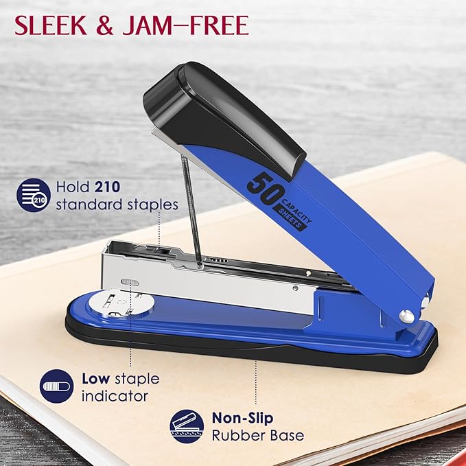 Metal Stapler Heavy Duty 50 Sheet Capacity with 1750 Staples and Staple Remover, Blue Stapler Full Strip Staplers for Desk, No Jam, Non-Slip Office Stapler with Staples for Office & Classroom, Blue