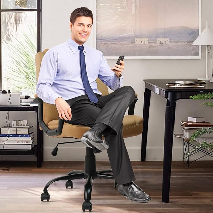 CLATINA Brown Office Computer Chair PU Leather Executive Office Chair Swivel Adjustable Height Chairs with Upholstery Fixed armrest Mid-Back Leather Thick Cushion Office Chairs Brown 2Pack