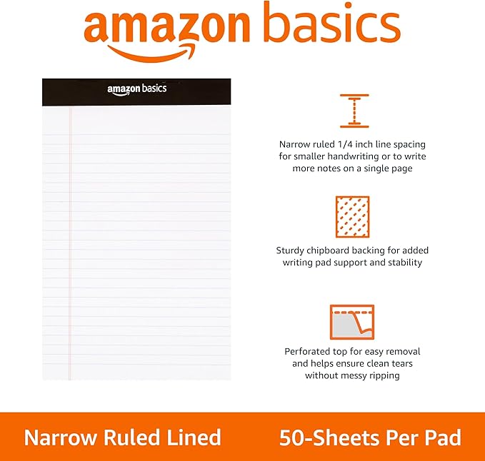 Amazon Basics Narrow Ruled Lined Writing Note Pad, 5 inch x 8 inch, White, 12 Count (12 Pack of 50 pages)