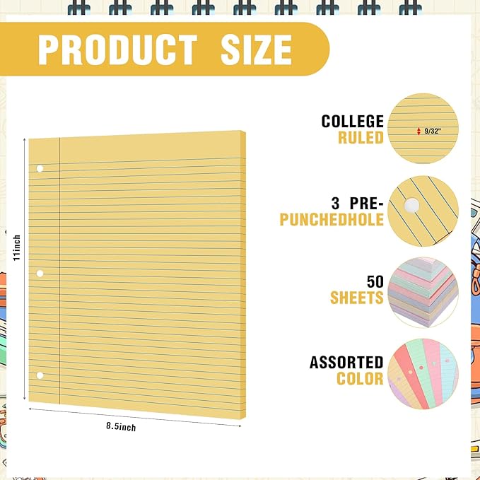 PerKoop 400 Sheets Colored Loose Leaf Paper 8.5" x 11" college ruled Lined 3 Hole Punched notebook Filler Paper for 3 Ring Binders Office School Supplies (Candy Colors)