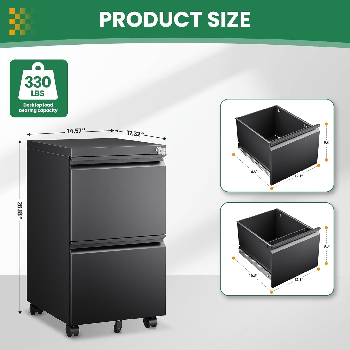 2 Drawer Locking Under Desk Metal Storage Cabinet on Wheels for Legal/Letter/A4 Files (Fully Assembled, Black)