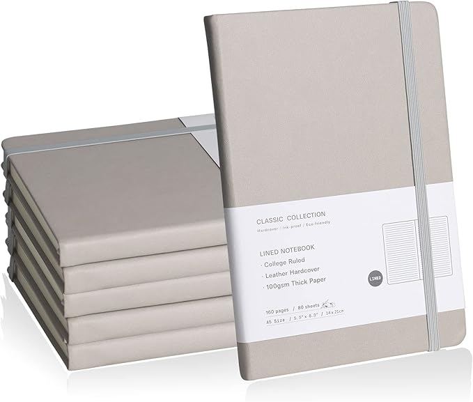 Lined Journal Notebook, 6Pack(Grey), 160 Pages, Medium 5.7 inches x 8 inches - 100 gsm Thick Paper, Hardcover