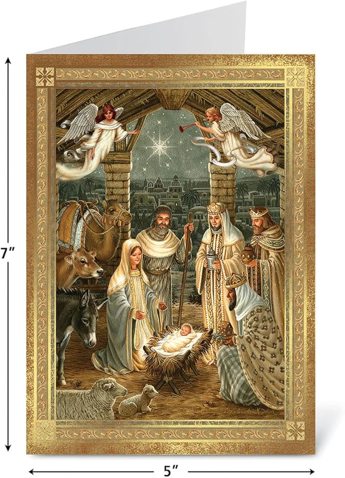 Current Golden Nativity Deluxe Personalized Religious Christmas Cards with Envelopes - Set of 14 Large 5" x 7" Folded Faith Cards, Sentiments Inside, Add Names & Text