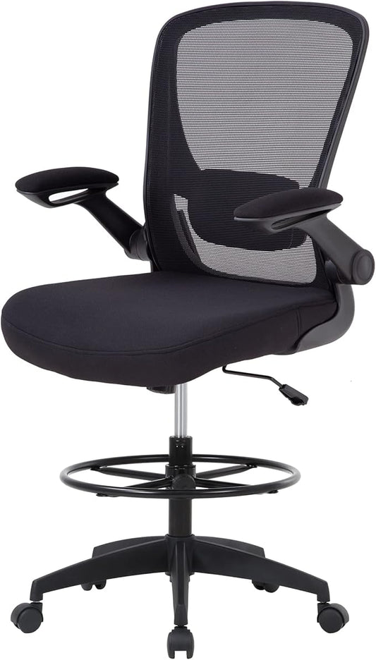 BestOffice Drafting Chair Tall Office Chair with Adjustable Foot Ring and Flip-Up Arms Computer Standing Desk Chair Executive Rolling Swivel Chair for Office & Home