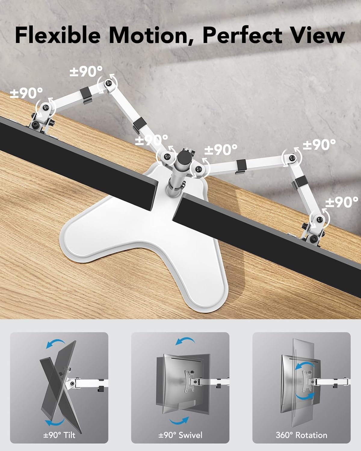 HUANUO 32 inches Dual Monitor Stand up to 17.6lbs, High-Grade Aluminum Free-Standing Dual Monitors Mount for 2 Screens. Fully Adjustable Dual Monitor Stand for Desk with Tilt, Swivel, Rotation, White