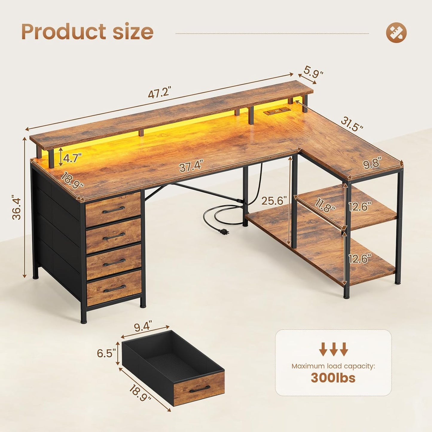 SEDETA L Shaped Desk with 4 Drawers and Storage Shelves, L Shaped Gaming Desk with LED Lights & Power Outlets, Computer Desk with Shelves & Drawer, Corner Desk Home Office Desk, Rustic Brown