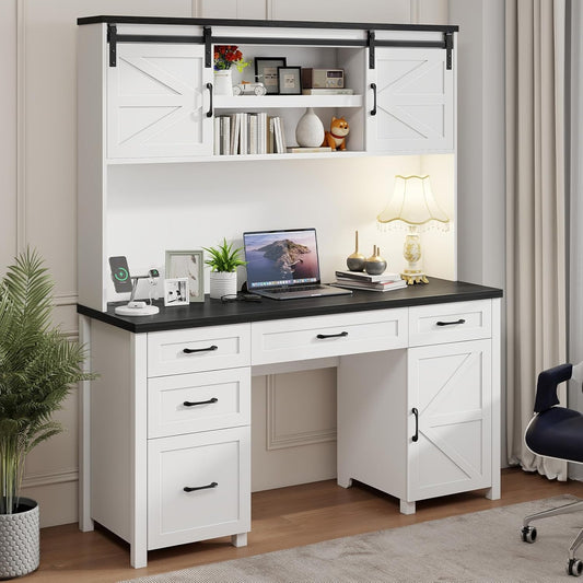 Farmhouse 67" H Executive Desk with Hutch,Office Table with 5 Drawers, Computer Desk with Storage Cabinet & File Drawers and Charging Station, Wood Workstation for Home Office and Study.(Black)