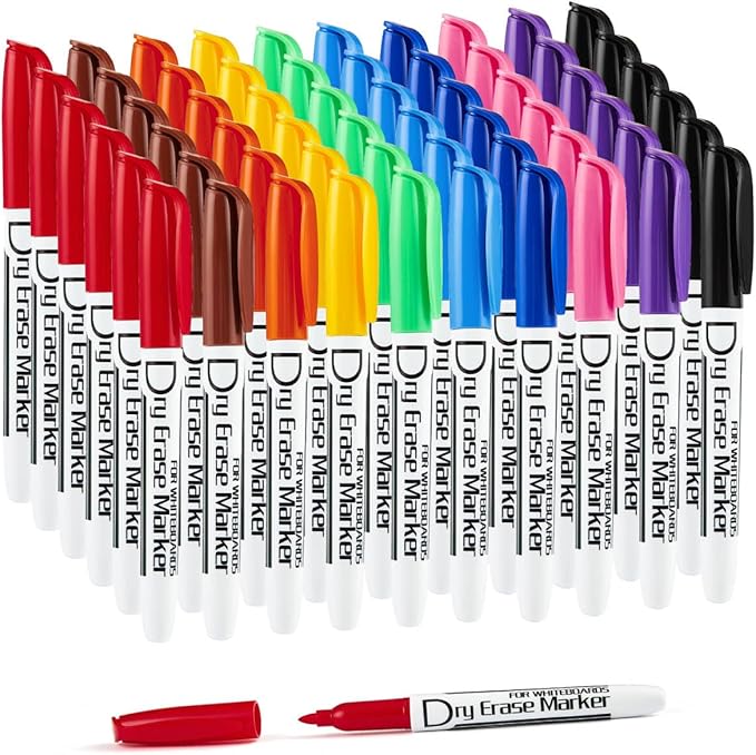 Volcanics Dry Erase Markers Bulk Pack of 60 Low Odor Fine Whiteboard Markers Pens, 10 Assorted Colors for Whiteboard Dry Erase Calendar