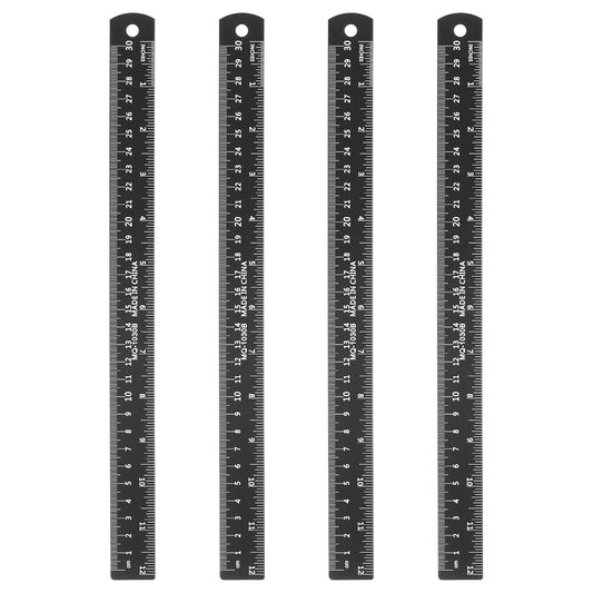 HARFINGTON 4pcs Metal Straight Ruler 30cm Metric SAE Aluminum Alloy Measuring Rulers Scale Tool with Hole for Measure Study Reading Classroom Office, Black