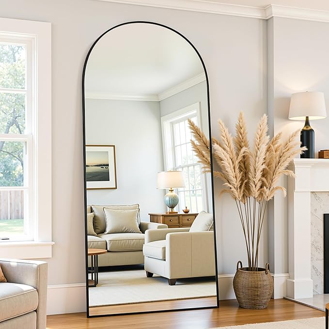 Full Length Mirror, 71"x32" Oversized Floor Mirror Freestanding, Full Body Mirror Floor Standing Mirrors with Stand, Hanging Mounted Mirrors for Bedroom Living Room, Black, Arched Style