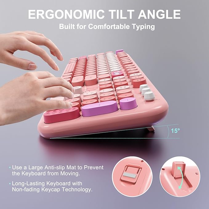 FOPETT Wireless Keyboard and Mouse Combo - 2.4G Full-Sized Cute Colorful Retro Keyboard with Round Keycaps 104 Keys Typewriter Keyboard for Laptop/Windows/PC-Pink Colorful