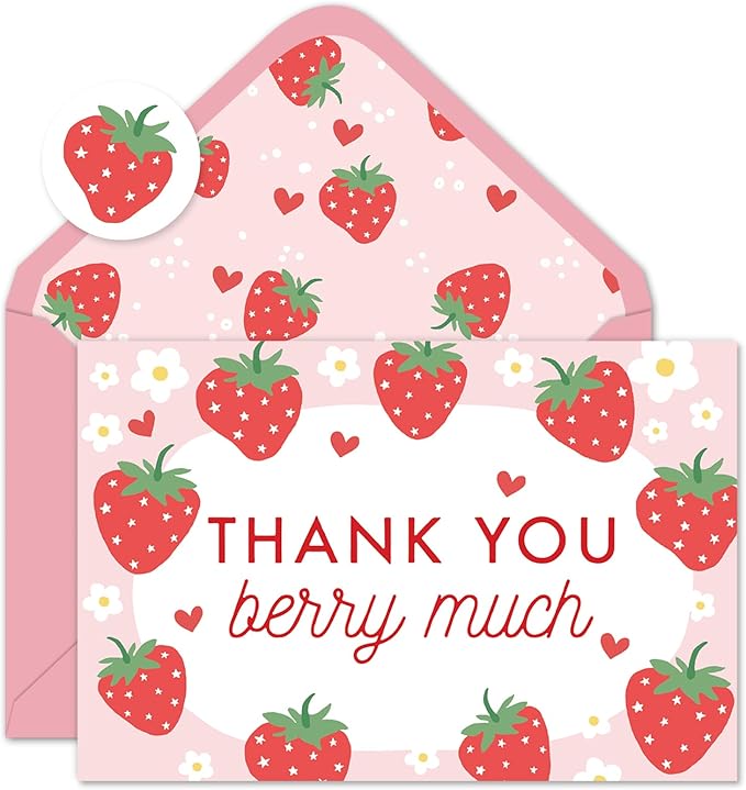 Whaline 50 Packs Strawberry Thank You Cards Red Pink Strawberry Flower Greeting Cards Blank Note Cards Boxed with Envelopes and Stickers for Birthday Baby Shower, 4 x 6 Inch