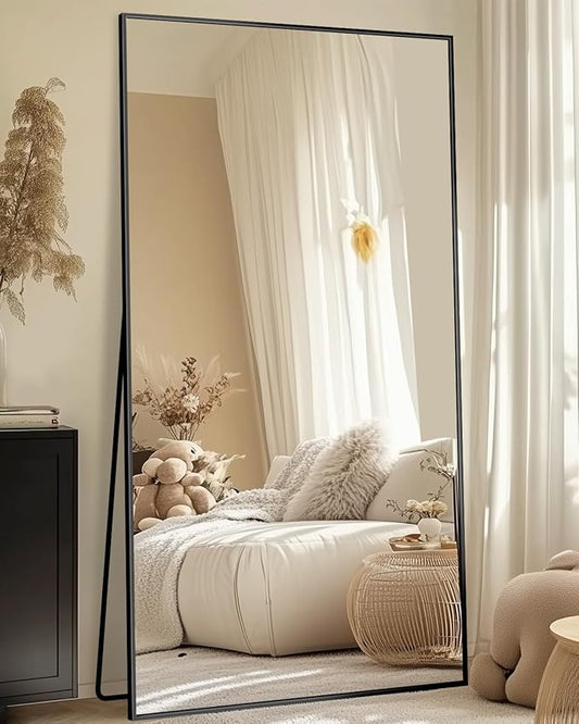 Full-Length Floor Mirror with Stand, 76"x34" Rectangle Style Full Body Standing Mirror for Bedroom, Living Room, Gym, Dorm - Shatter-Resistant & Easy Assembly, Black