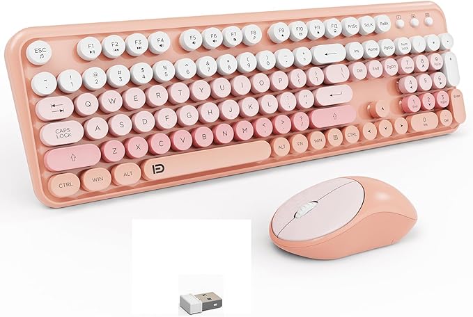 Wireless Keyboard and Mouse Combo, 2.4 GHz Full-Sized Wireless Keyboard Mouse with Round Keycaps for Windows, Computer, Desktop, PC, Laptop (GradientPink)