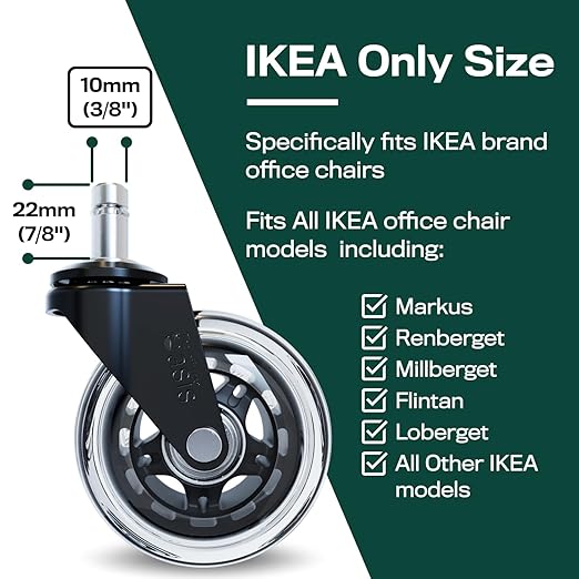 The Office Oasis Original Roller Style Office Chair Wheels (As Seen On PBS) - Only Compatible with IKEA Brand Chairs