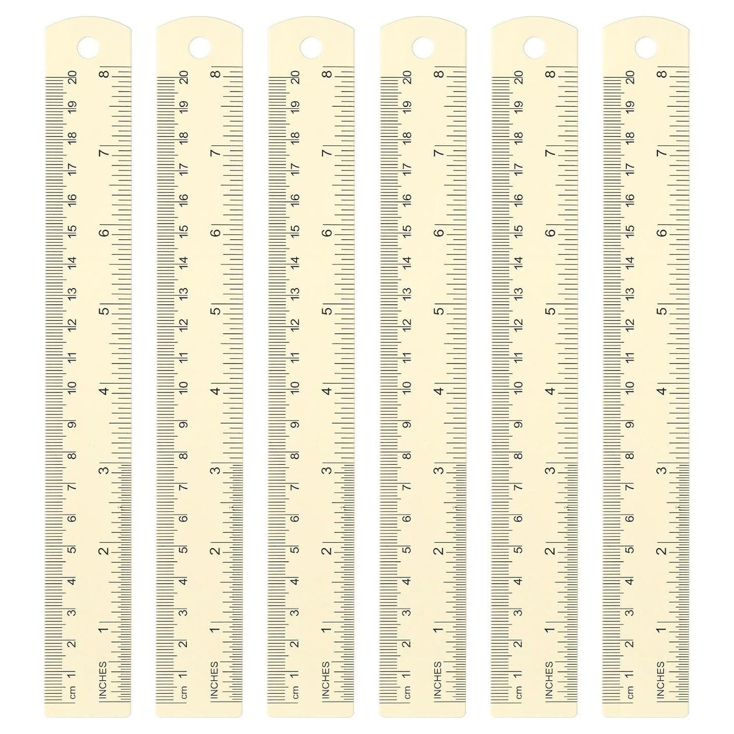 HARFINGTON 6pcs Metal Straight Ruler 20cm Metric SAE Aluminum Alloy Measuring Rulers Scale Tool with Hole for Measure Study Reading Classroom Office, White