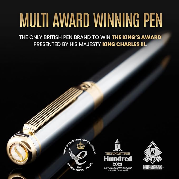 Scriveiner Silver Chrome Ballpoint Pen - Stunning Luxury Pen with 24K Gold Finish, Schmidt Black Refill, Best Ball Pen Gift Set for Men & Women, Professional, Executive, Office, Nice, Fancy Pens