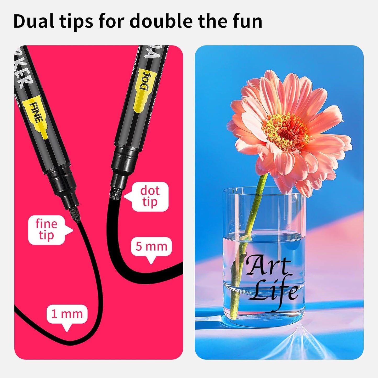 NAWOD 3 Black Acrylic Paint Pens, Acrylic Paint Markers Dual Tip (Fine 1mm + Dot 5mm), Acrylic Permanent Markers for Rock, Fabric, Canvas, Ceramic, Glass, Wood, Paper, Labeling, Drawing, DIY Crafts