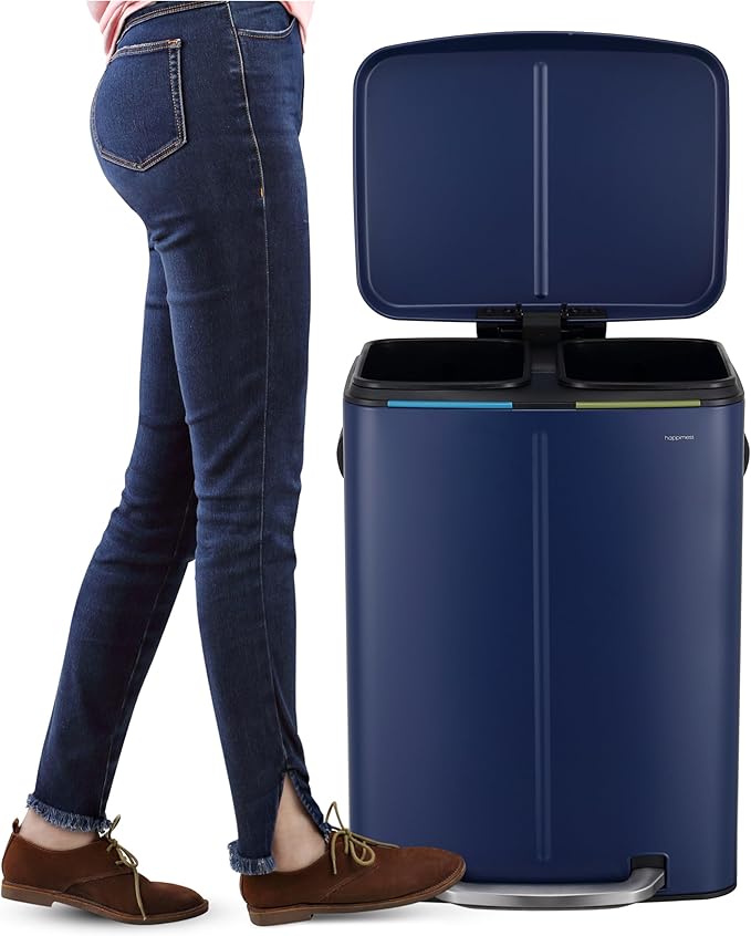 happimess HPM1005J Marco Rectangular 10.6-Gallon Double Bucket Trash Can with Soft-Close Lid, Denim Blue,with Soft-Close Lid, Modern, Minimalistic for Home, Kitchen, Office, Bedroom, Bathroom