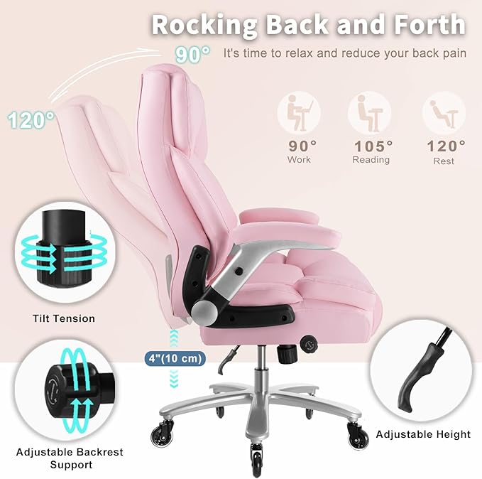 Big and Tall Office Chair 600lbs, Heavy Duty Executive Office Chair for Heavy People, Pink High Back Office Leather Ergonomic Chair with Adjustable Armrests and Lumbar Support for Computer Desk Chair