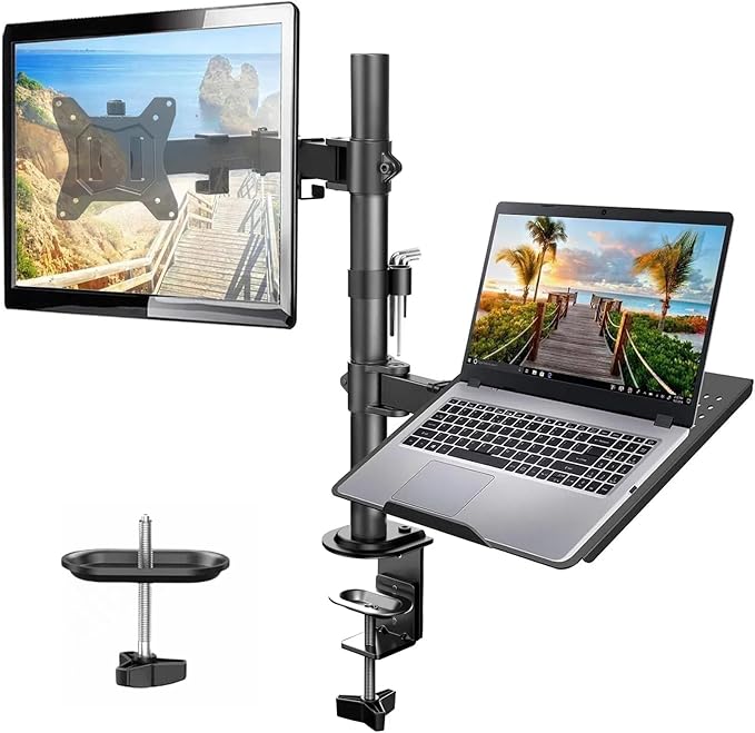 HUANUO Adjustable Monitor Stand, Single Arm Desk Mount for 32 inch Screen and 17 inch Laptop, Heavy Duty Ergonomic Bracket Holds 22lbs