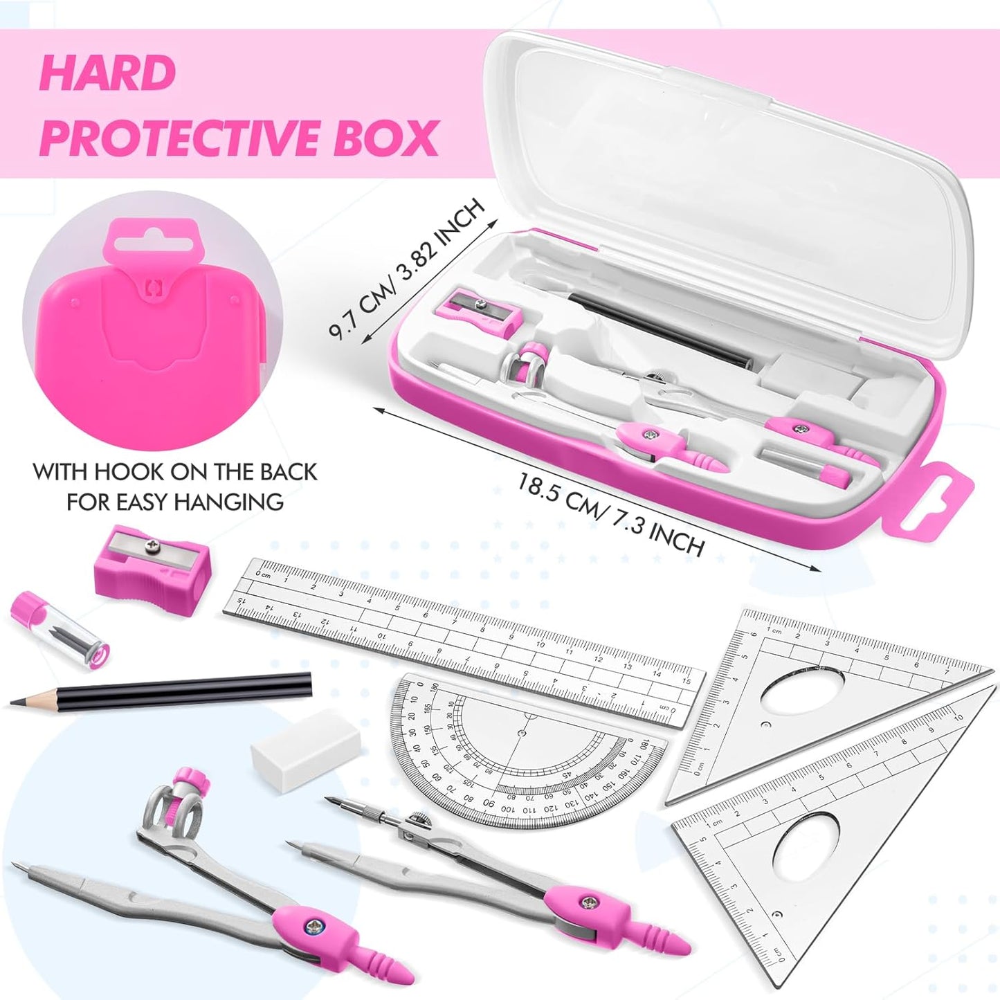 Zonon Math Geometry Set 10 Pcs Student Supplies with Shatterproof Storage Box, Includes Rulers Protractor Compass Pencil Sharpener Lead Refills Eraser Pencil for Drafting and Drawings(Pink)