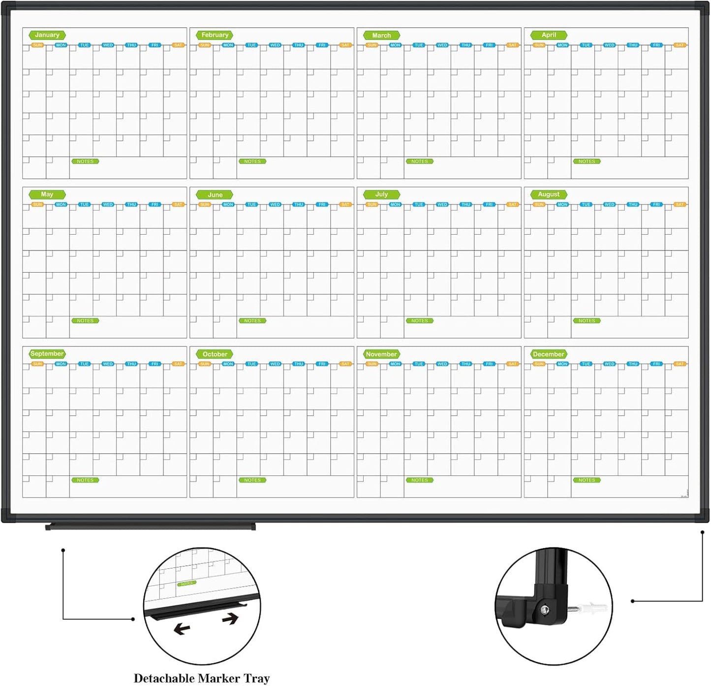 JILoffice Magnetic Dry Erase Calendar Whiteboard, 12 Months White Board Planner 48 X 36 Inch, Black Aluminum Frame Wall Mounted Board for Office Home and School