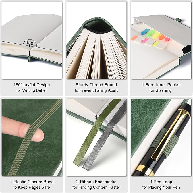 Lined Journal Notebook, Large A5 College Ruled Notebook, 312 Numbered Pages Work Notebook with Index Stickers, 100gsm Thick Paper, Hardcover Vegan Leather Journal for Women Men School Office, Green