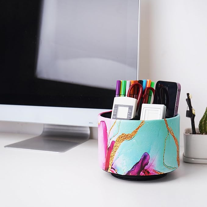 Round Leather Art Supply Organizer,Remote Control Holder,360-degree Rotating Pen Organizer with 4 Compartments(1-Red Green Splash Ink)