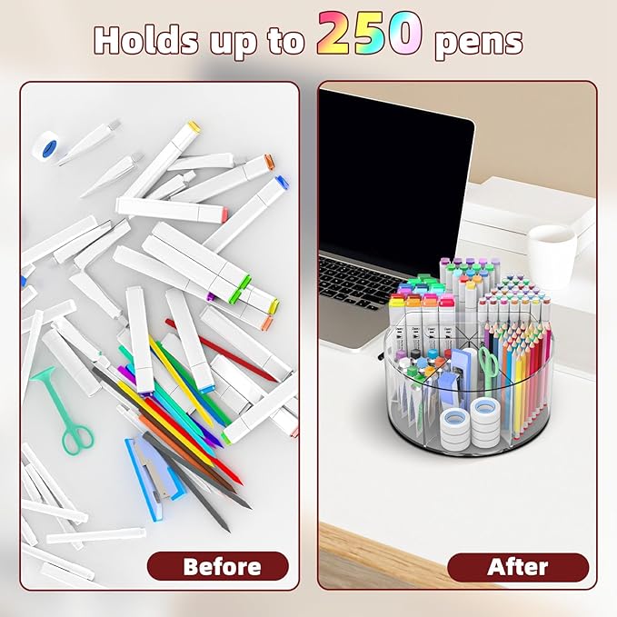 Absonic 2 Pack Acrylic Pen Organizer, 360 Rotating Clear Colored Pen and Pencil Crayon Marker Holder Caddy for Desk, Desktop Storage and Organizer for School Art Supplies