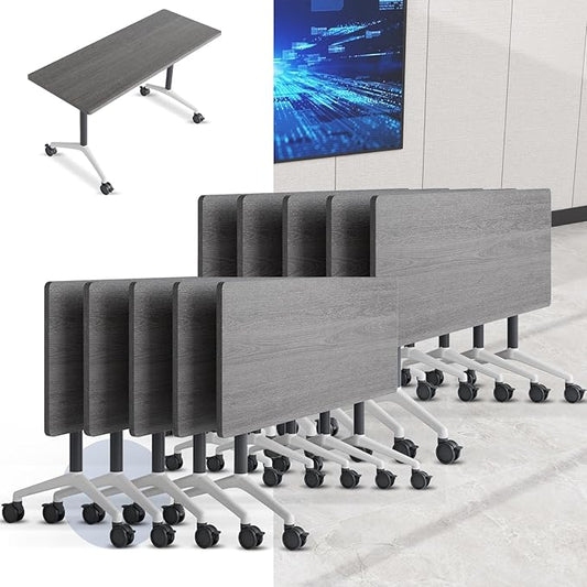 Folding Conference Table, Mobile Training Table for Office Conference, Modern Modular Rectangular Work Desk Meeting Seminar Work Tables with Caster Wheels, Large Breakroom Tables (10Pack L63in)