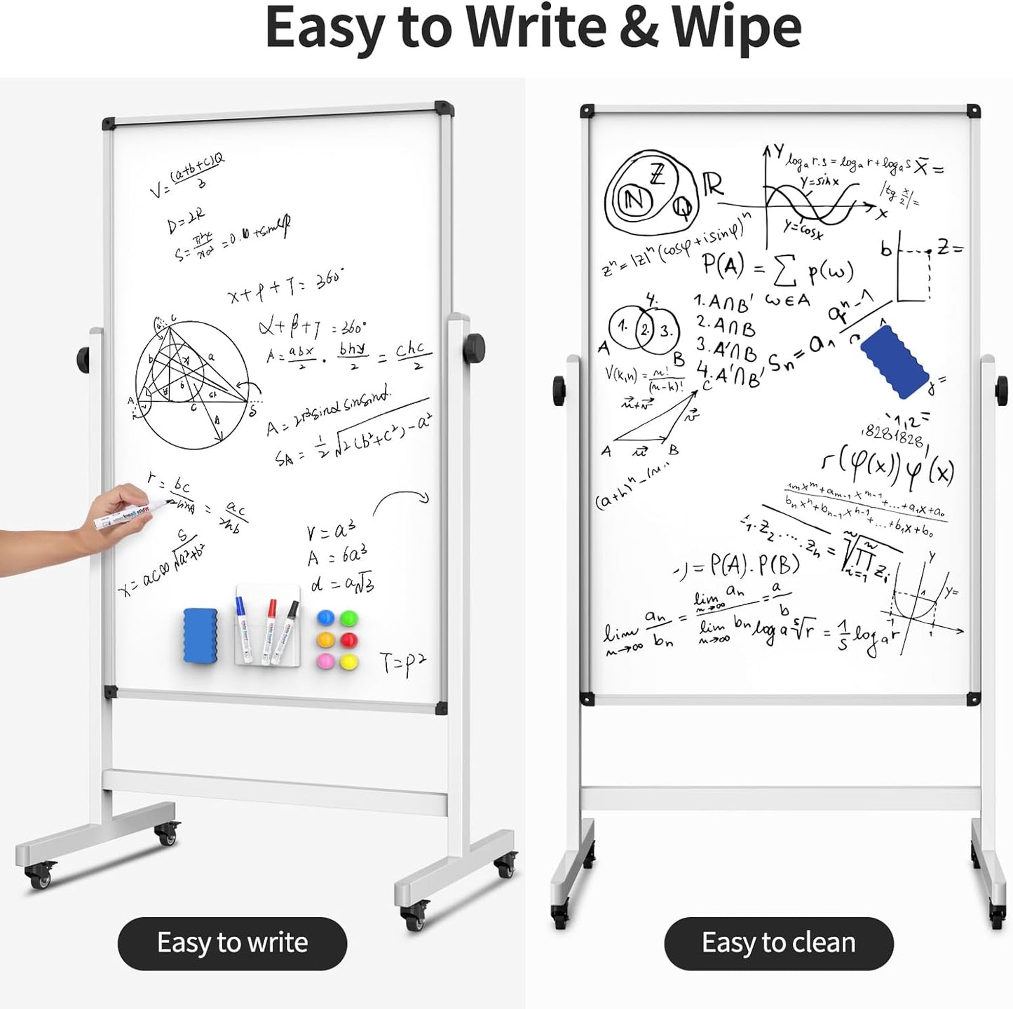 Rolling Whiteboard, Double Sided Magnetic Dry Erase Board Height Adjustable Whiteboard with Stand for Home Office Classroom (44" x 28")