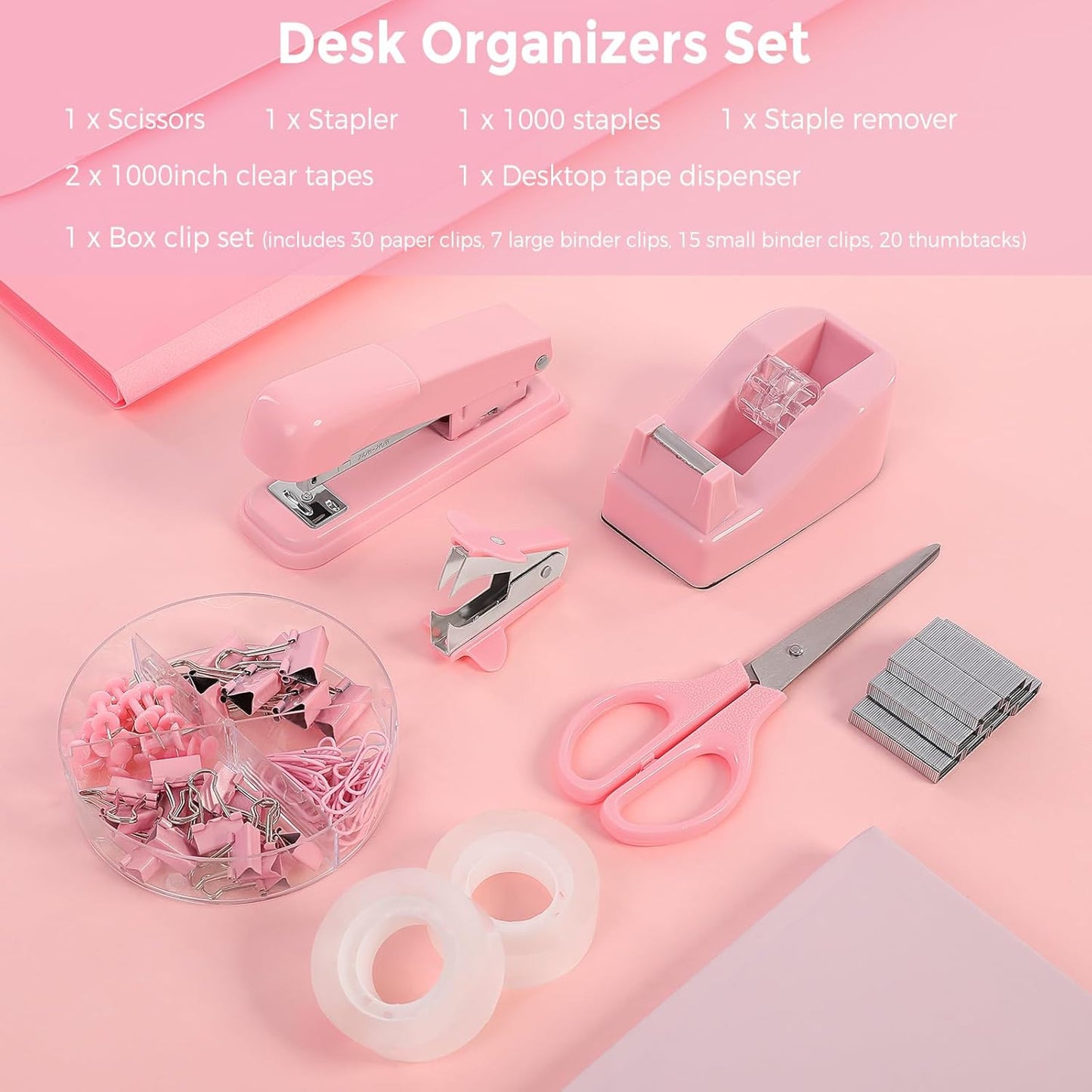 SKYDUE Pink Office Desk Accessories, Pink Office Supplies, Stapler, Tape Dispenser, Scissors, Clips and 1000pcs Staples,Office Supplies for Desk for Women